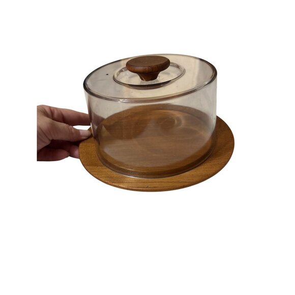Vintage Luthje Teak & Acrylic Cheese Dome With Wood Base & Handle - Picture 3 of 8